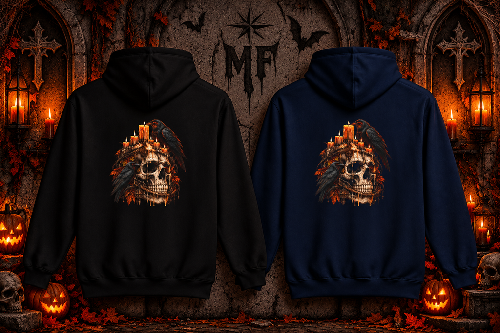 Candlelit Skull Fleece Hoodie | Gothic Raven Halloween Back Print | Montana Flow