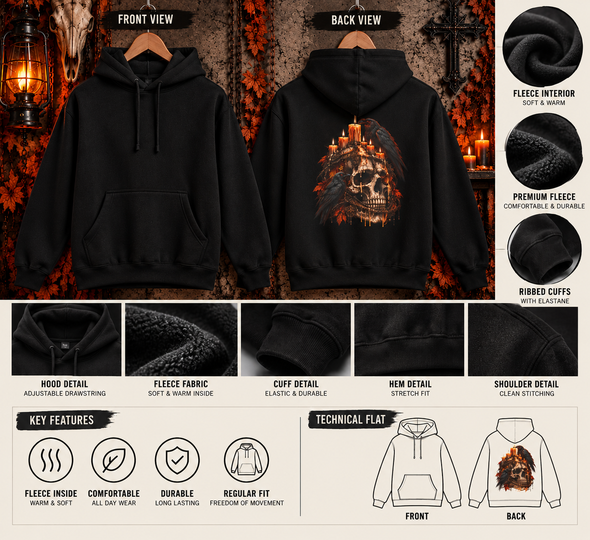Candlelit Skull Fleece Hoodie | Gothic Raven Halloween Back Print | Montana Flow