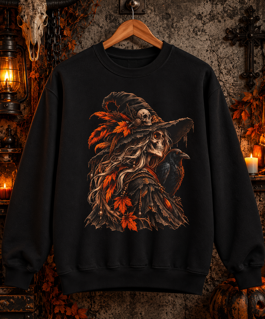Autumn Witch Skull Sweatshirt | Gothic Raven Halloween Fleece Crewneck | Montana Flow