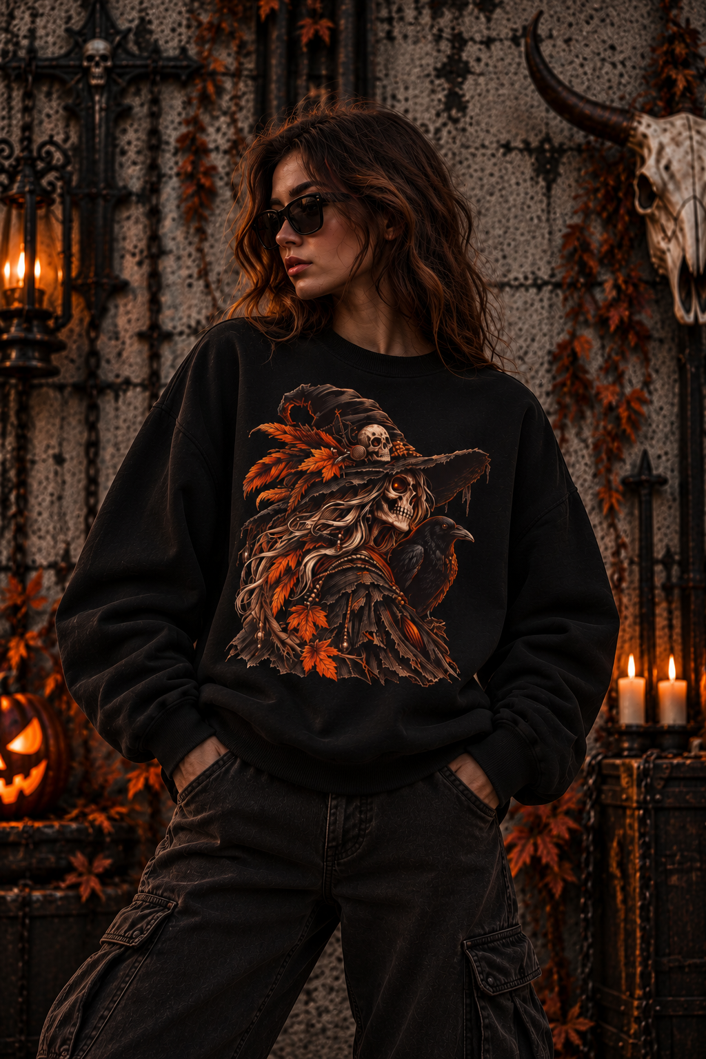 Autumn Witch Skull Sweatshirt | Gothic Raven Halloween Fleece Crewneck | Montana Flow