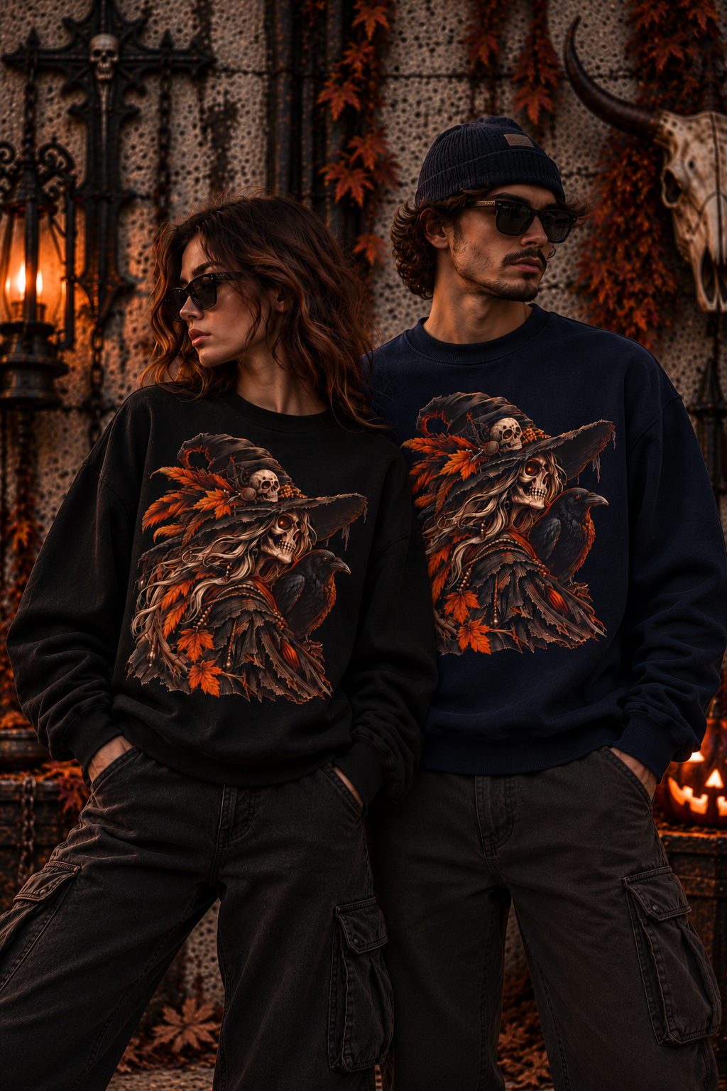 Autumn Witch Skull Sweatshirt | Gothic Raven Halloween Fleece Crewneck | Montana Flow
