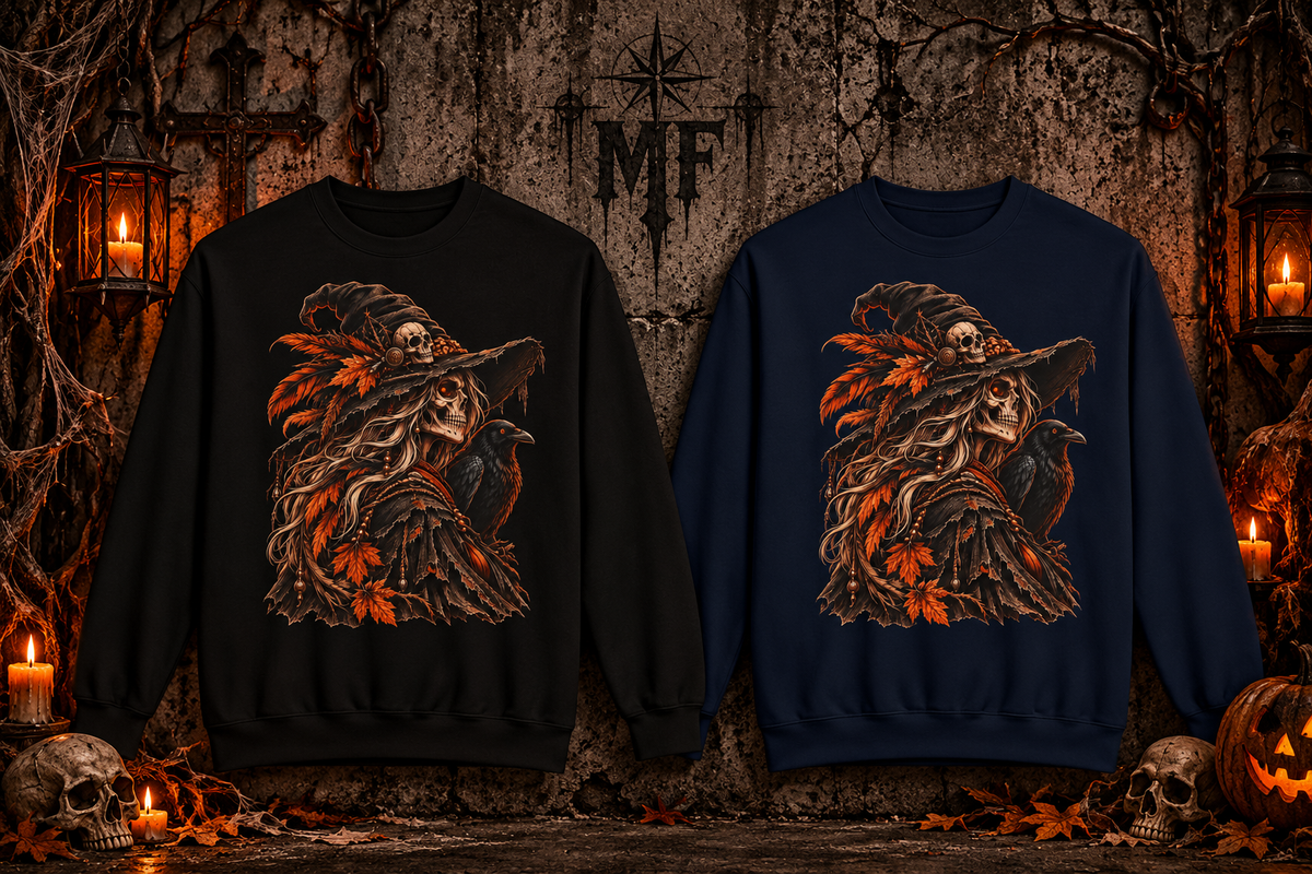 Autumn Witch Skull Sweatshirt | Gothic Raven Halloween Fleece Crewneck | Montana Flow