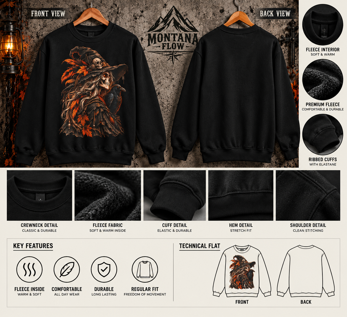 Autumn Witch Skull Sweatshirt | Gothic Raven Halloween Fleece Crewneck | Montana Flow