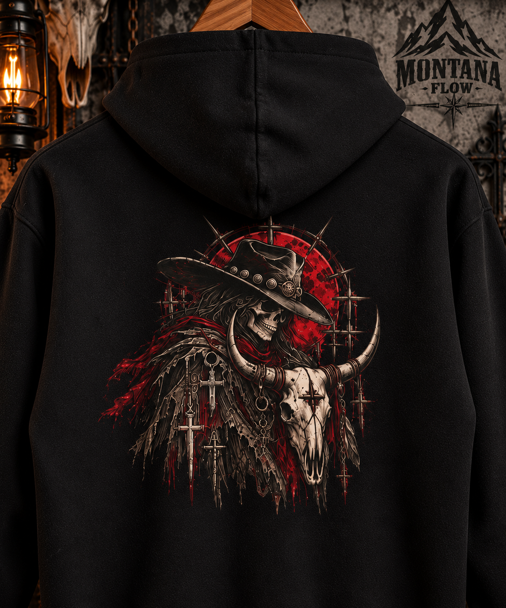 Western Cowboy Skull Fleece Hoodie | Bull Skull Gothic Graphic | Montana Flow