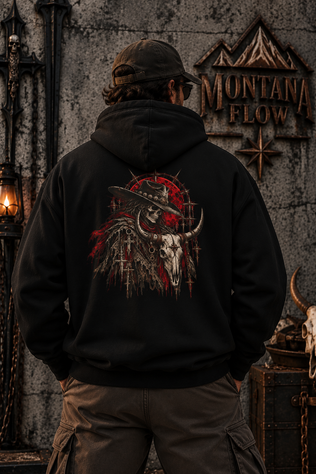Western Cowboy Skull Fleece Hoodie | Bull Skull Gothic Graphic | Montana Flow