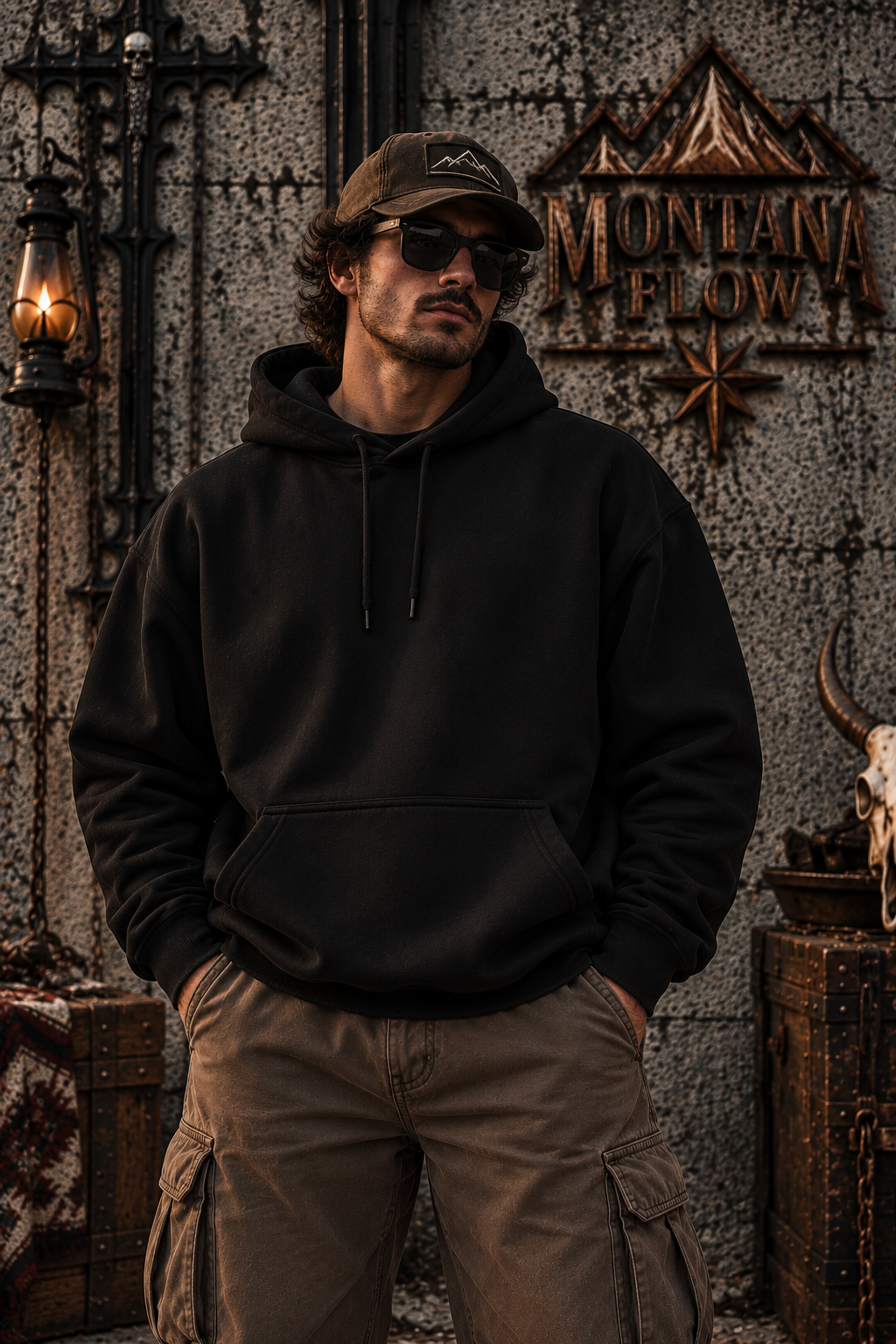 Western Cowboy Skull Fleece Hoodie | Bull Skull Gothic Graphic | Montana Flow