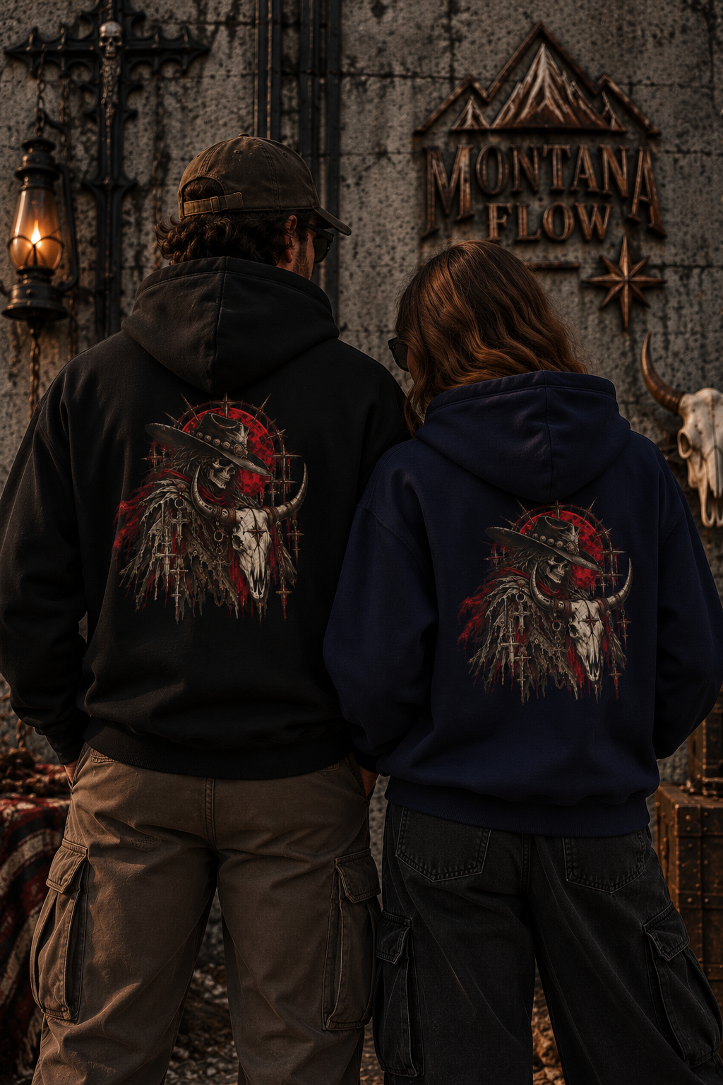 Western Cowboy Skull Fleece Hoodie | Bull Skull Gothic Graphic | Montana Flow
