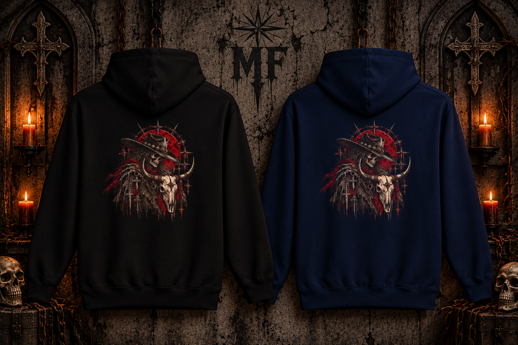 Western Cowboy Skull Fleece Hoodie | Bull Skull Gothic Graphic | Montana Flow