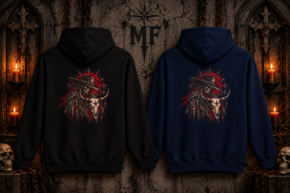 Western Cowboy Skull Fleece Hoodie | Bull Skull Gothic Graphic | Montana Flow