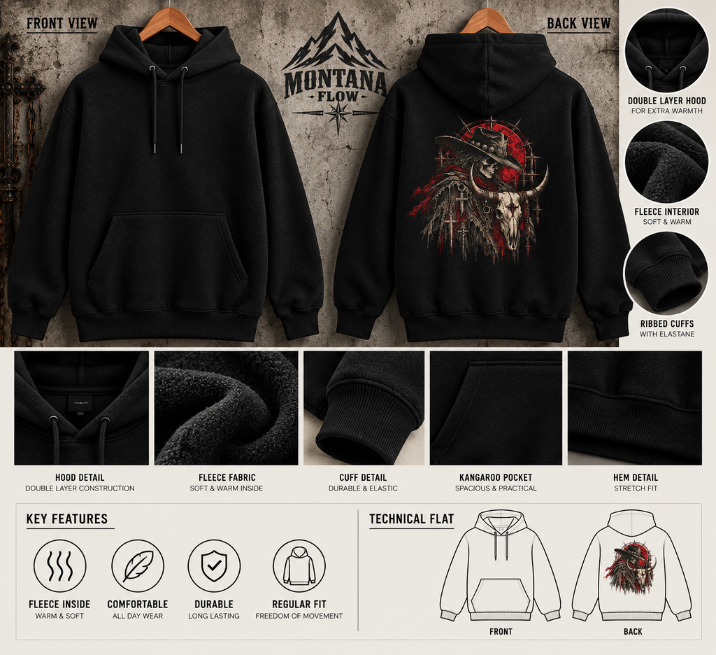 Western Cowboy Skull Fleece Hoodie | Bull Skull Gothic Graphic | Montana Flow