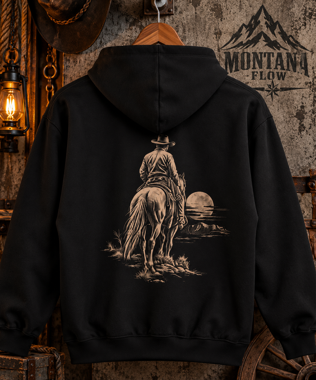Western Horseback Rider Fleece Hoodie | Moonlit Cowboy Graphic | Montana Flow