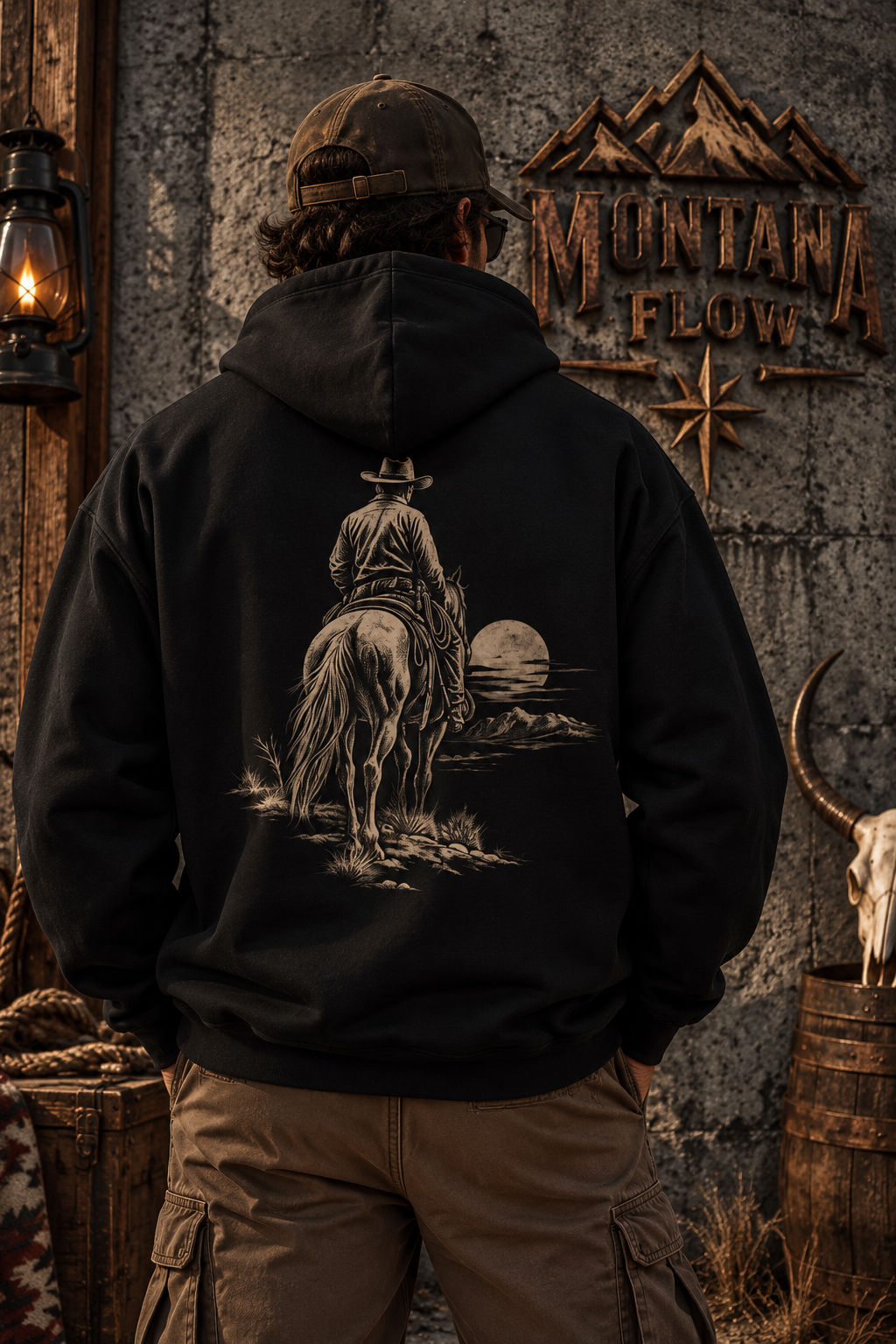Western Horseback Rider Fleece Hoodie | Moonlit Cowboy Graphic | Montana Flow