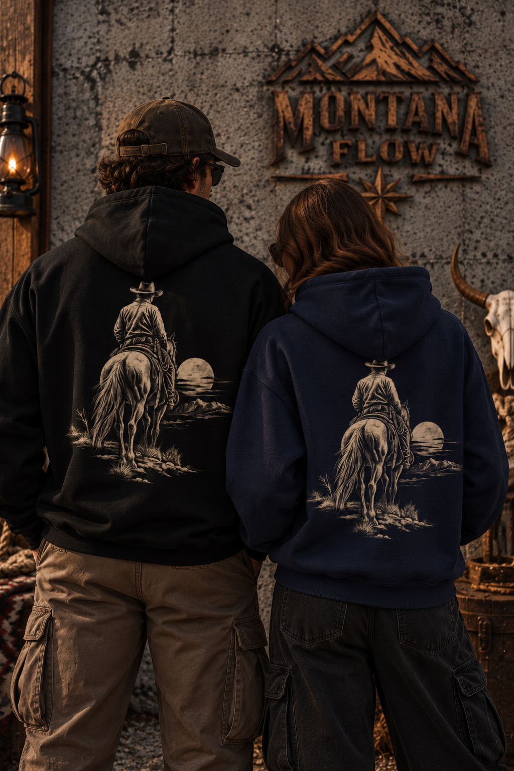Western Horseback Rider Fleece Hoodie | Moonlit Cowboy Graphic | Montana Flow