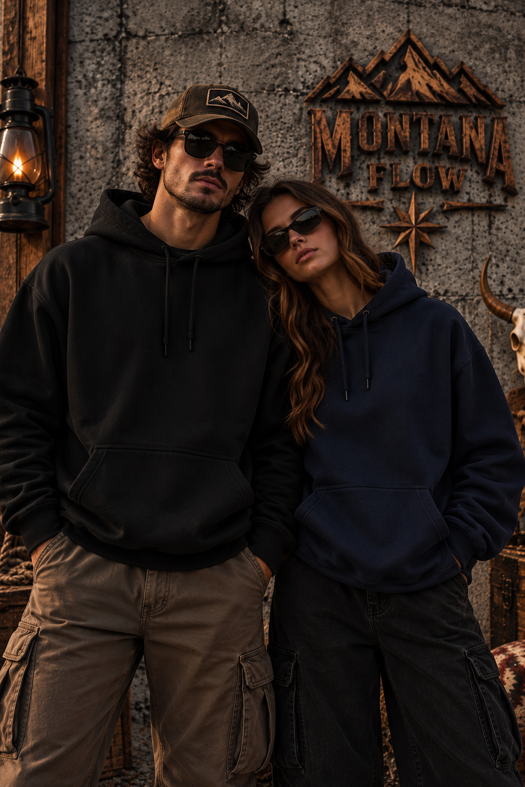 Western Horseback Rider Fleece Hoodie | Moonlit Cowboy Graphic | Montana Flow