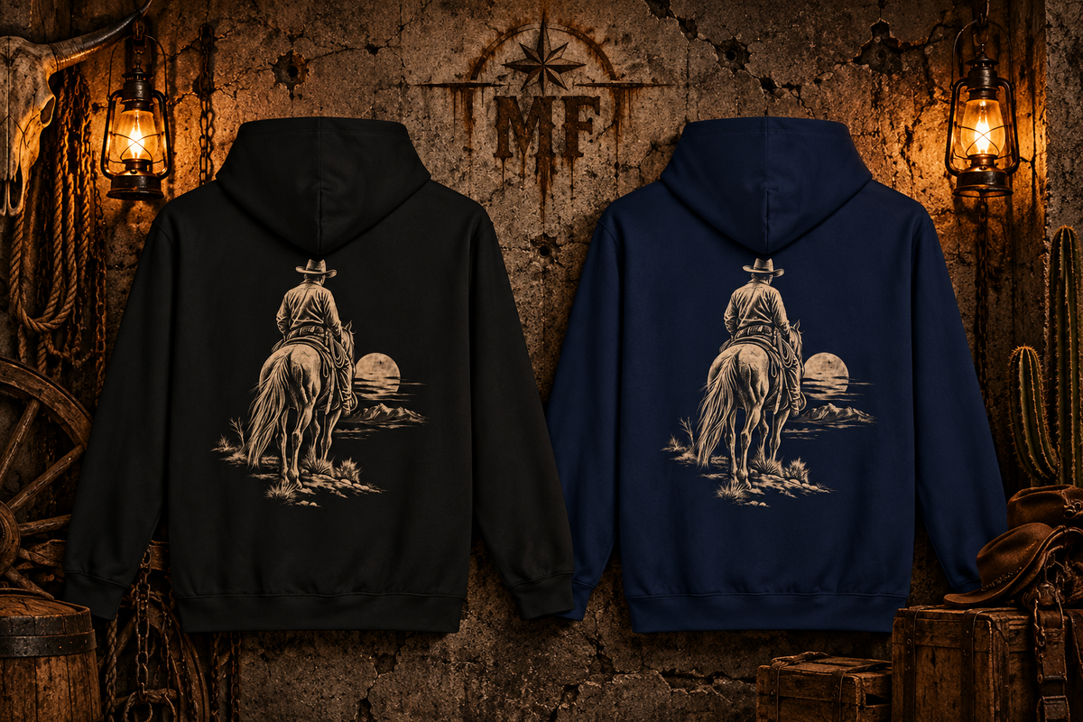 Western Horseback Rider Fleece Hoodie | Moonlit Cowboy Graphic | Montana Flow
