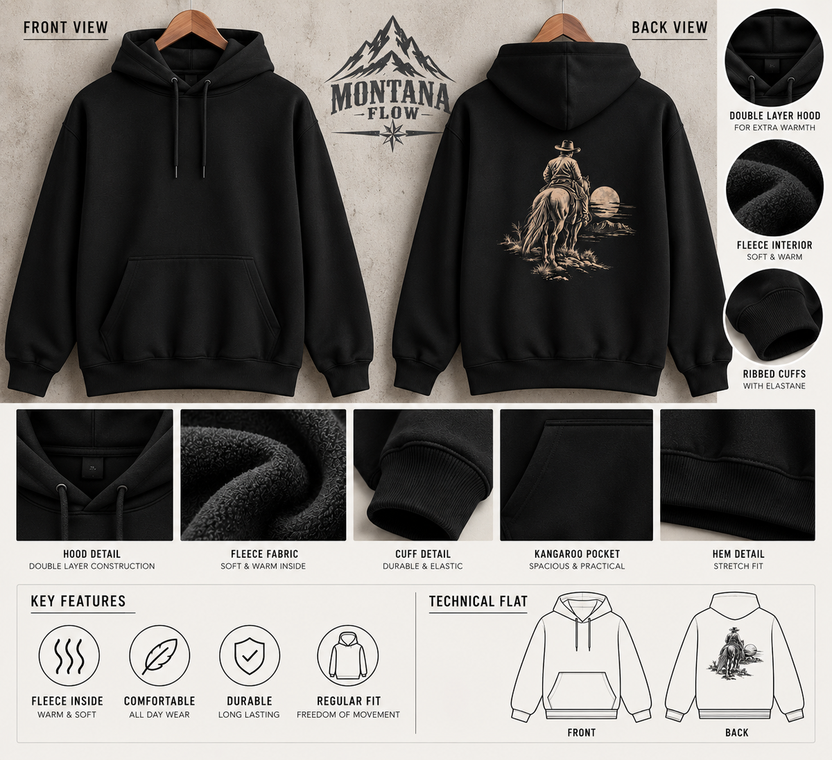 Western Horseback Rider Fleece Hoodie | Moonlit Cowboy Graphic | Montana Flow