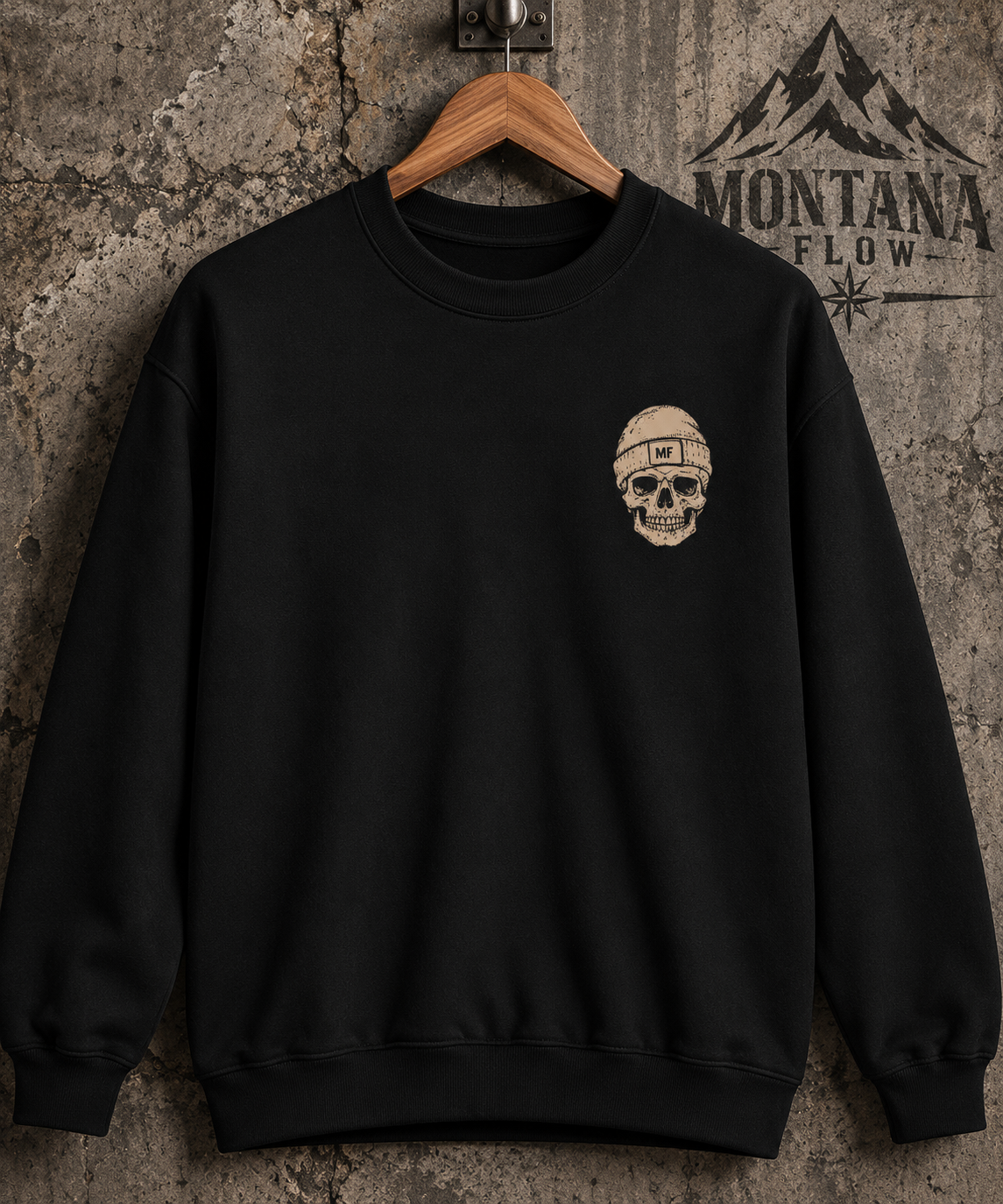 Skull in Beanie Fleece Crewneck Sweatshirt | Minimal MF Chest Graphic | Montana Flow