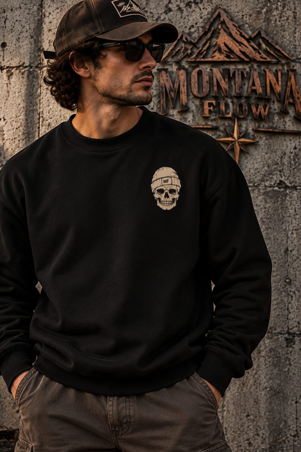 Skull in Beanie Fleece Crewneck Sweatshirt | Minimal MF Chest Graphic | Montana Flow
