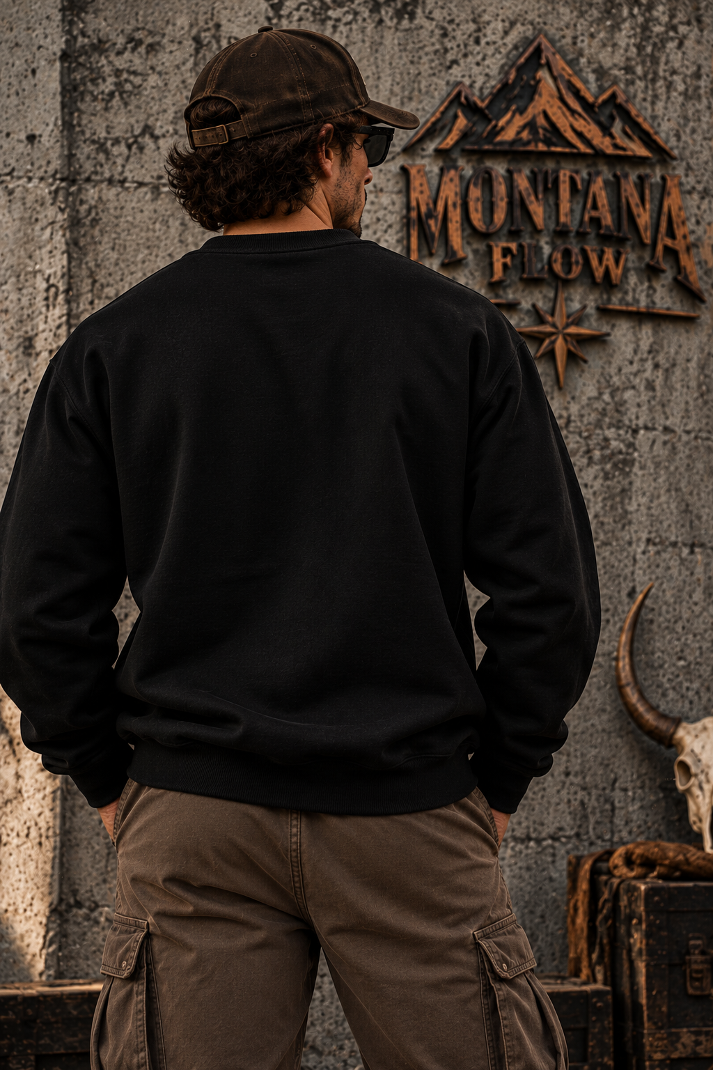 Skull in Beanie Fleece Crewneck Sweatshirt | Minimal MF Chest Graphic | Montana Flow