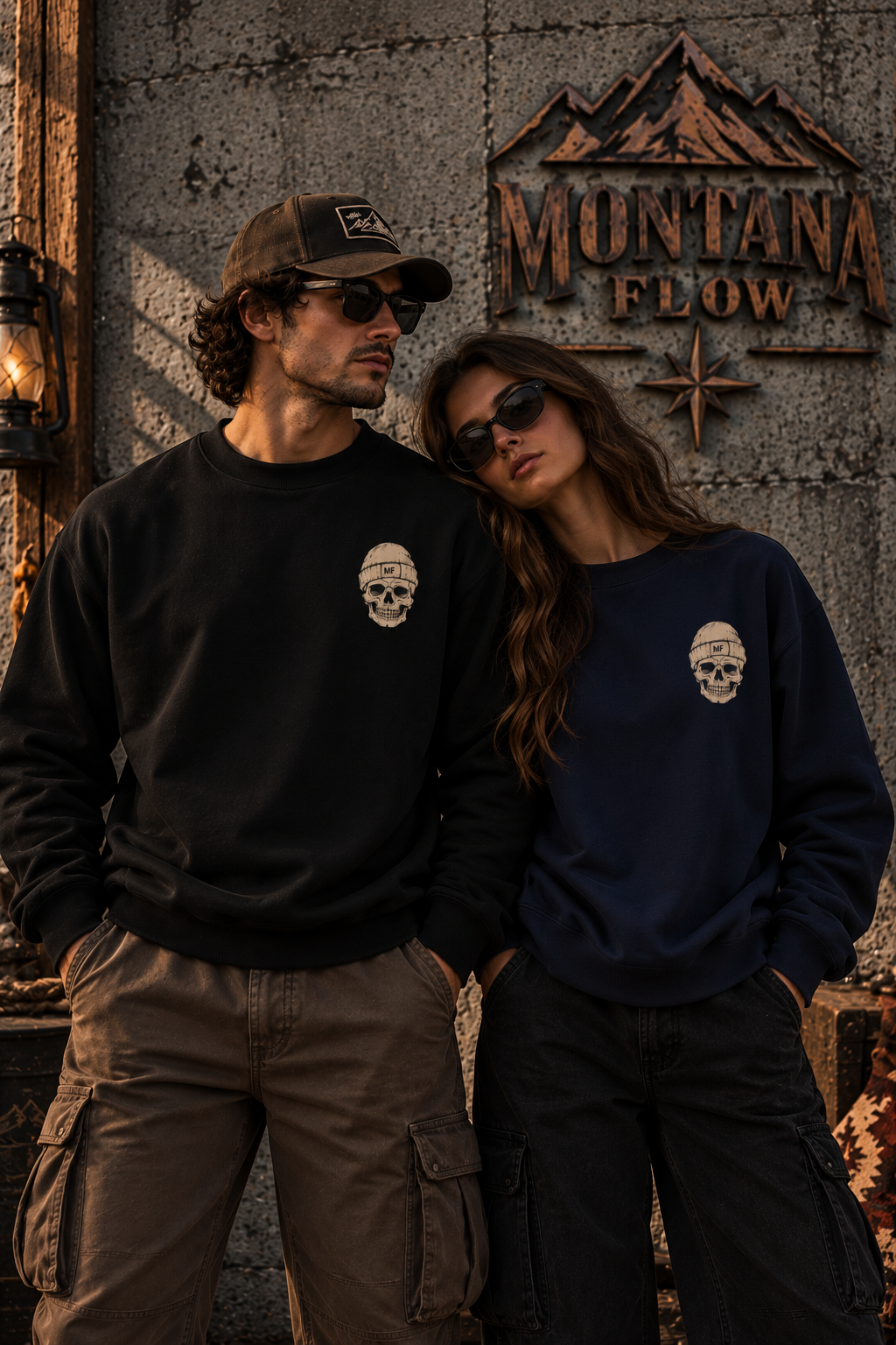 Skull in Beanie Fleece Crewneck Sweatshirt | Minimal MF Chest Graphic | Montana Flow