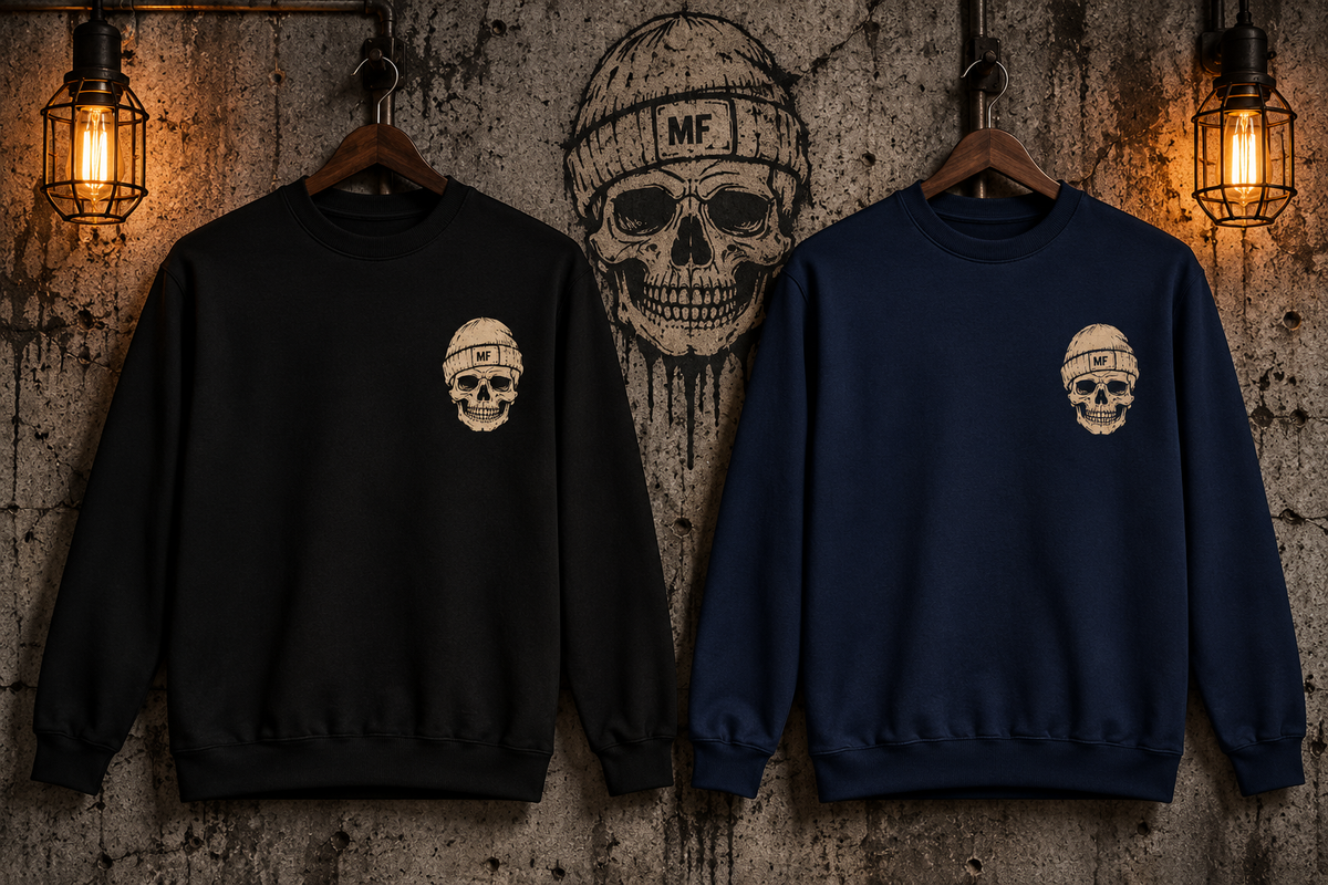Skull in Beanie Fleece Crewneck Sweatshirt | Minimal MF Chest Graphic | Montana Flow