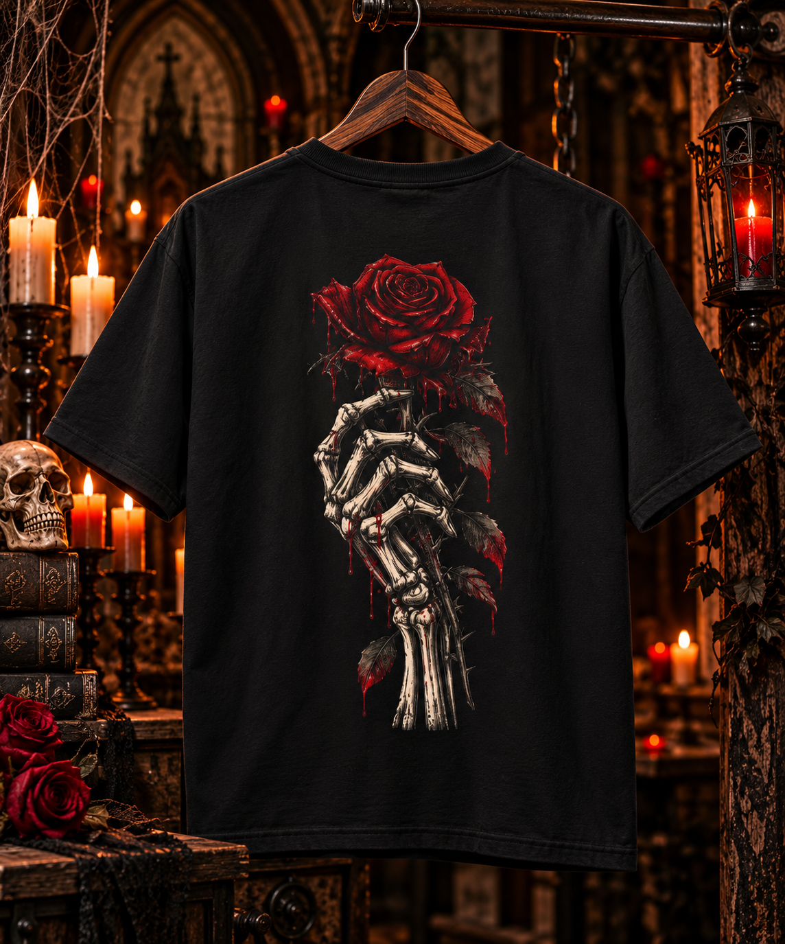 Skull and Red Rose T-shirt | Skeleton Hand Rose Graphic