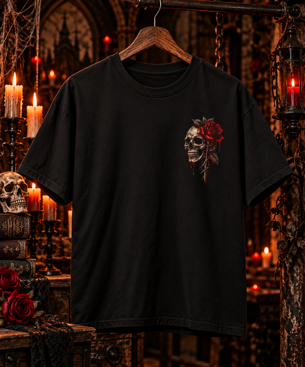 Skull and Red Rose T-shirt | Skeleton Hand Rose Graphic