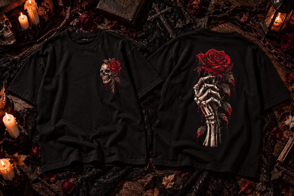 Skull and Red Rose T-shirt | Skeleton Hand Rose Graphic