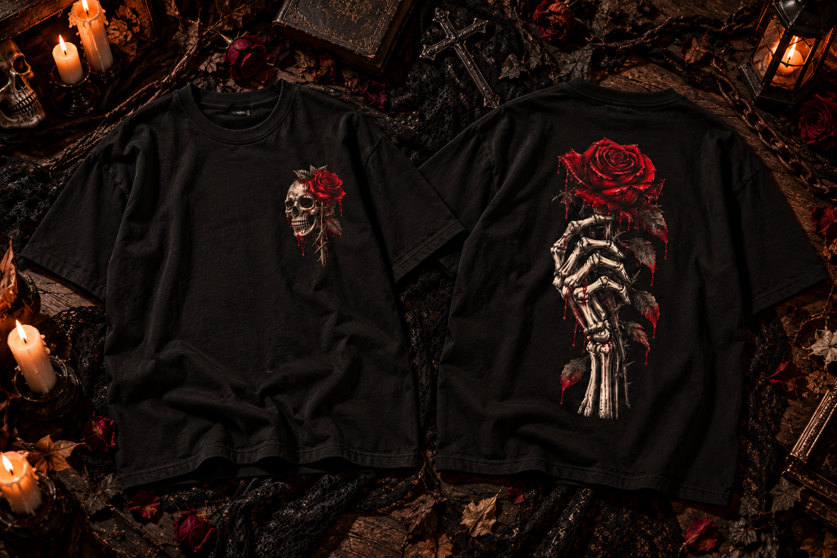 Skull and Red Rose T-shirt | Skeleton Hand Rose Graphic