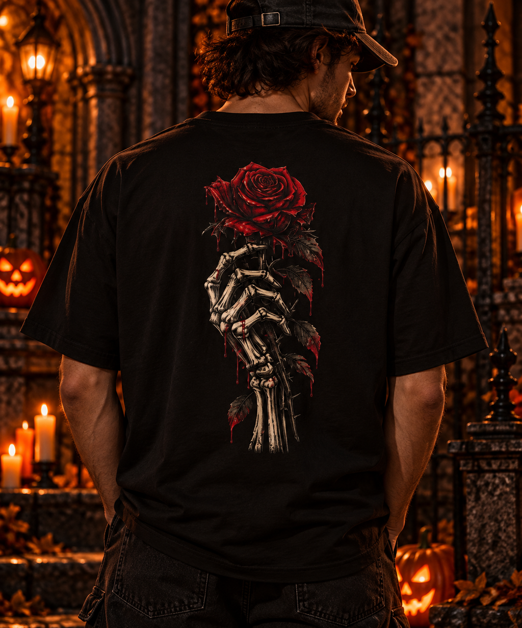 Skull and Red Rose T-shirt | Skeleton Hand Rose Graphic