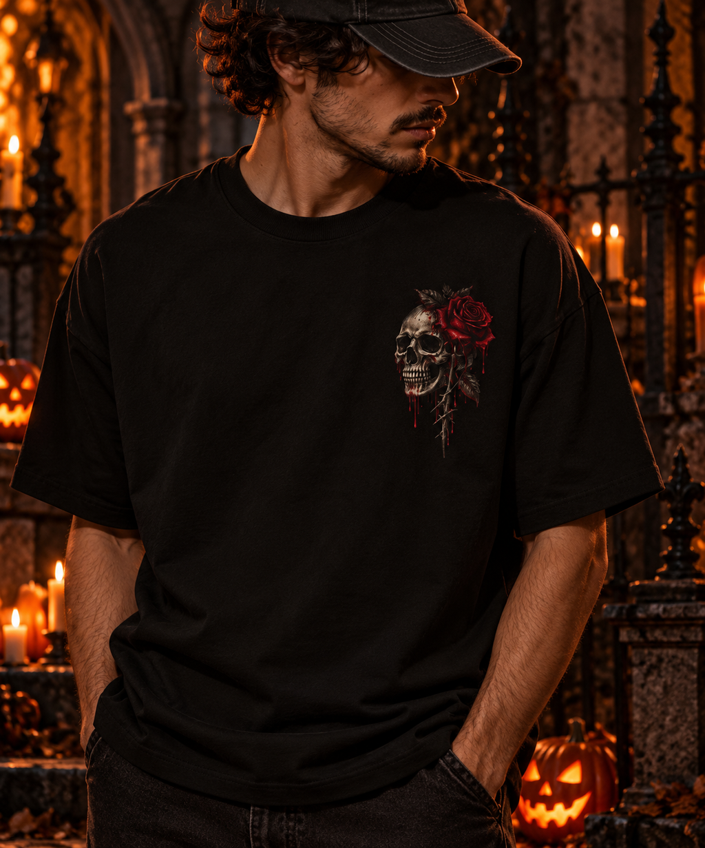 Skull and Red Rose T-shirt | Skeleton Hand Rose Graphic