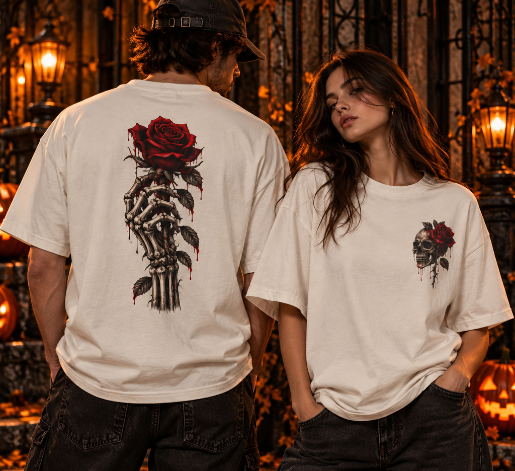 Skull and Red Rose T-shirt | Skeleton Hand Rose Graphic