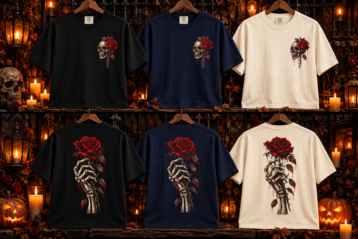 Skull and Red Rose T-shirt | Skeleton Hand Rose Graphic