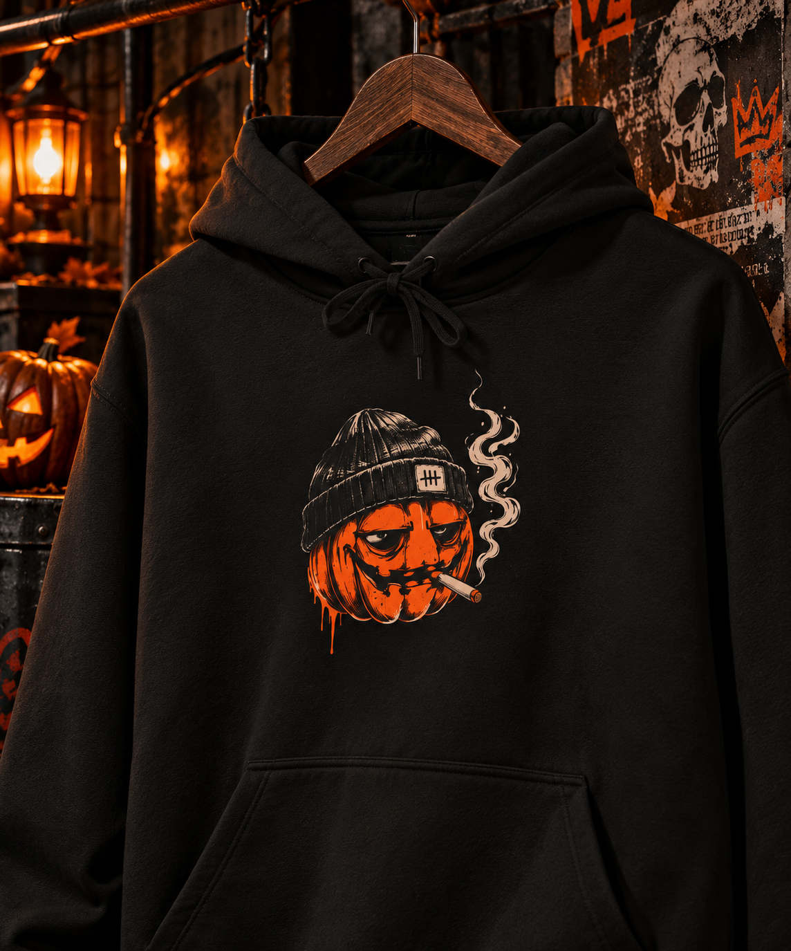 Smoky Pumpkin Face Fleece Hoodie | Halloween Jack-O'-Lantern Beanie Design