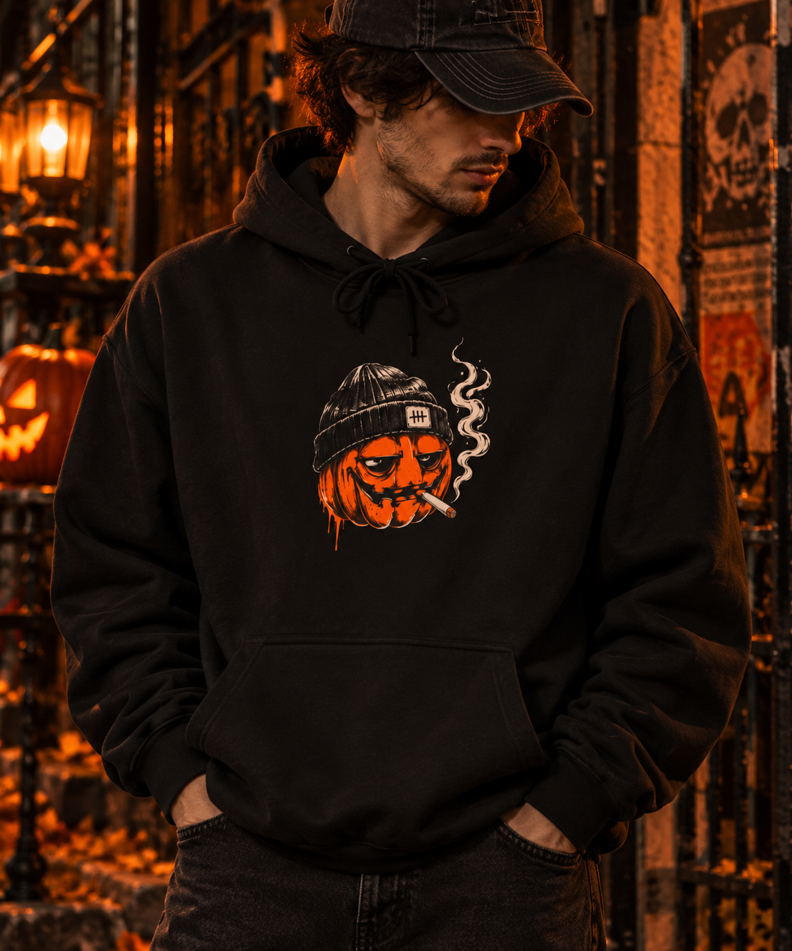 Smoky Pumpkin Face Fleece Hoodie | Halloween Jack-O'-Lantern Beanie Design