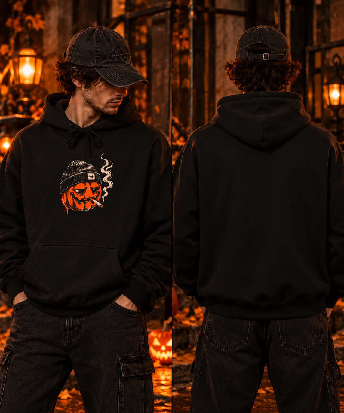 Smoky Pumpkin Face Fleece Hoodie | Halloween Jack-O'-Lantern Beanie Design