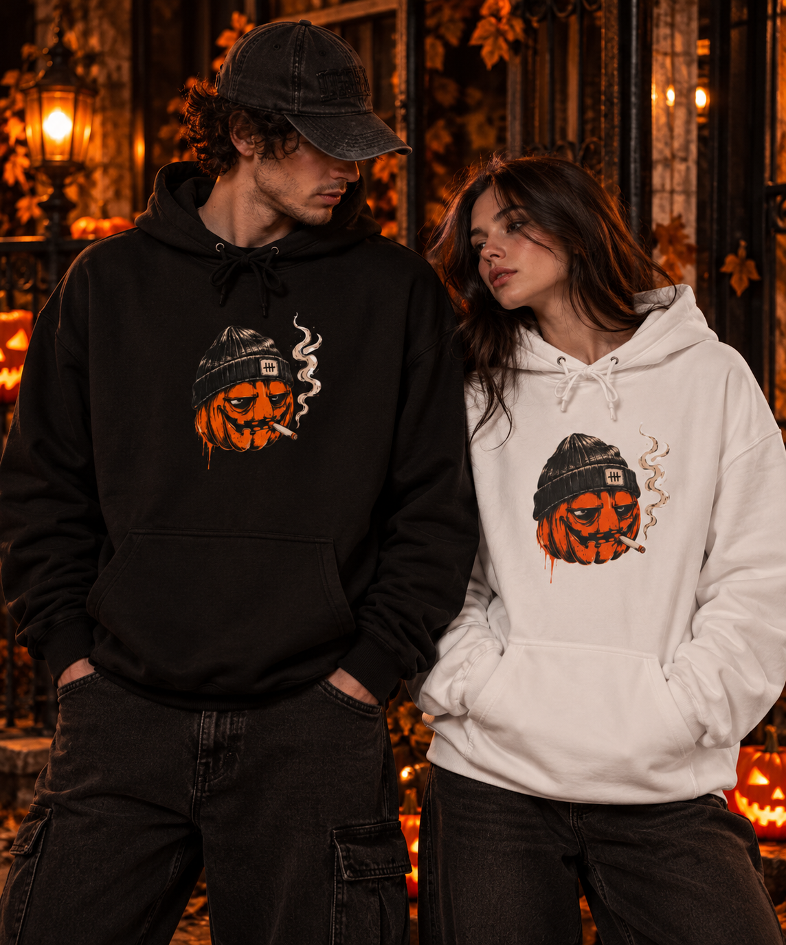 Smoky Pumpkin Face Fleece Hoodie | Halloween Jack-O'-Lantern Beanie Design