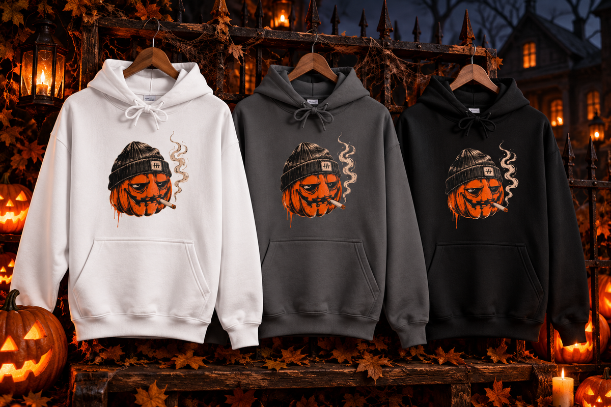 Smoky Pumpkin Face Fleece Hoodie | Halloween Jack-O'-Lantern Beanie Design