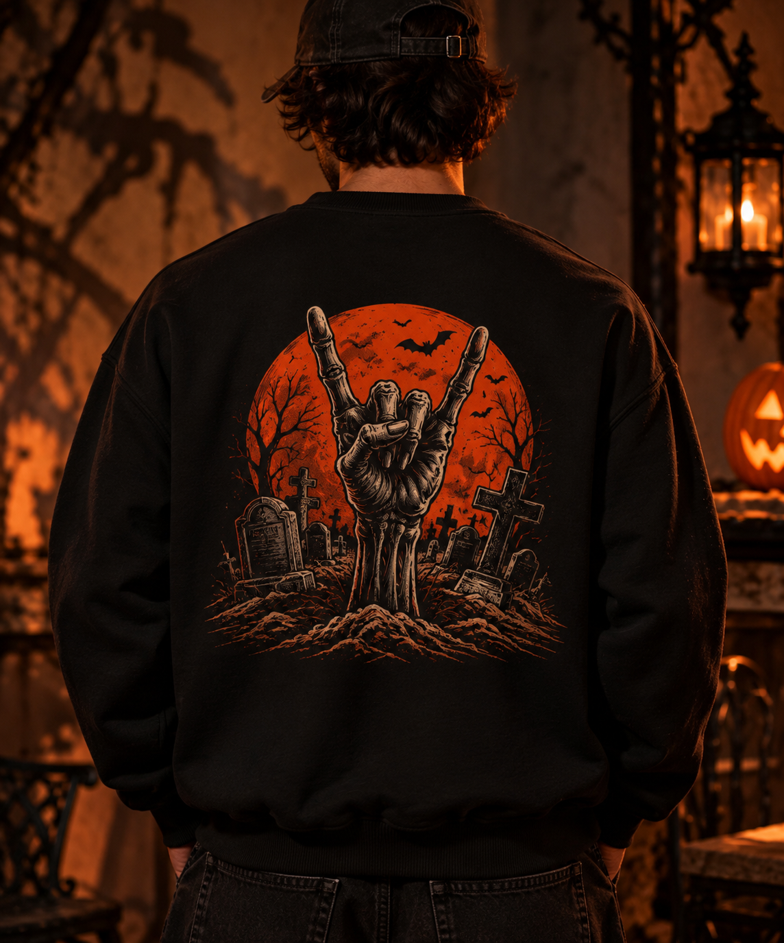 Zombie Hand Horns Fleece Sweatshirt | Halloween Pumpkin Graveyard Crewneck