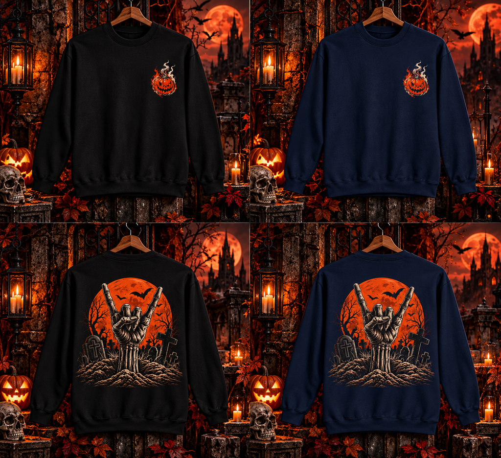 Zombie Hand Horns Fleece Sweatshirt | Halloween Pumpkin Graveyard Crewneck