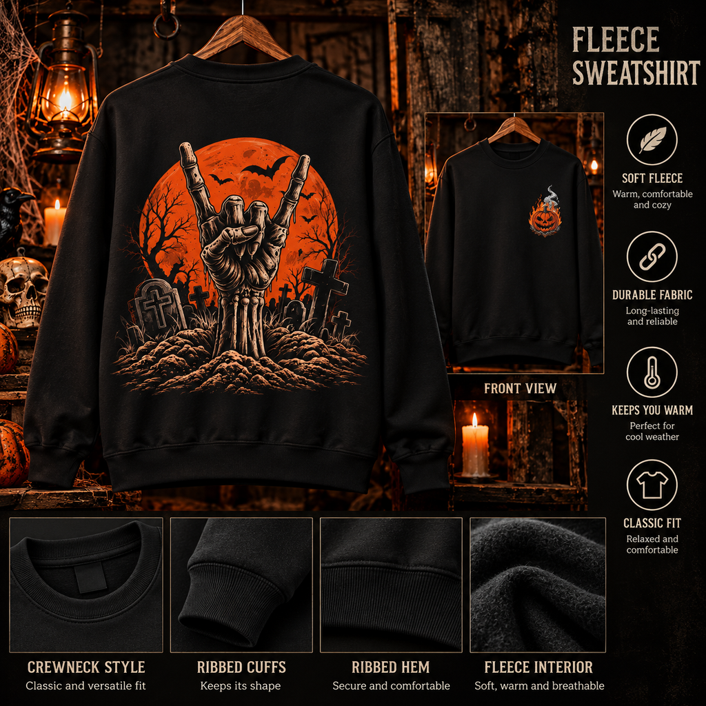 Zombie Hand Horns Fleece Sweatshirt | Halloween Pumpkin Graveyard Crewneck