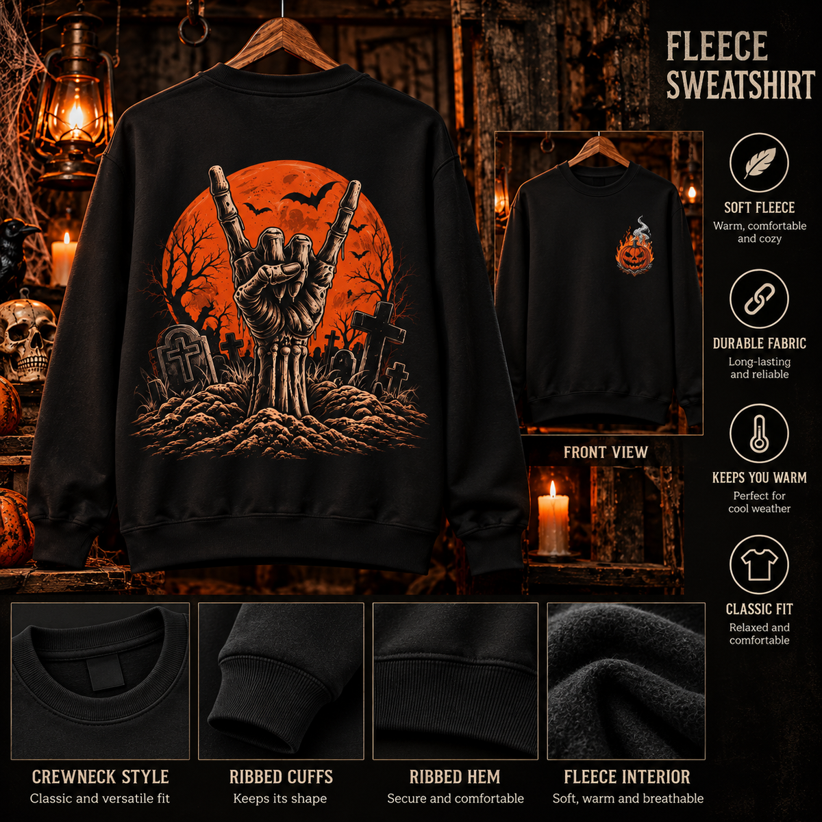 Zombie Hand Horns Fleece Sweatshirt | Halloween Pumpkin Graveyard Crewneck