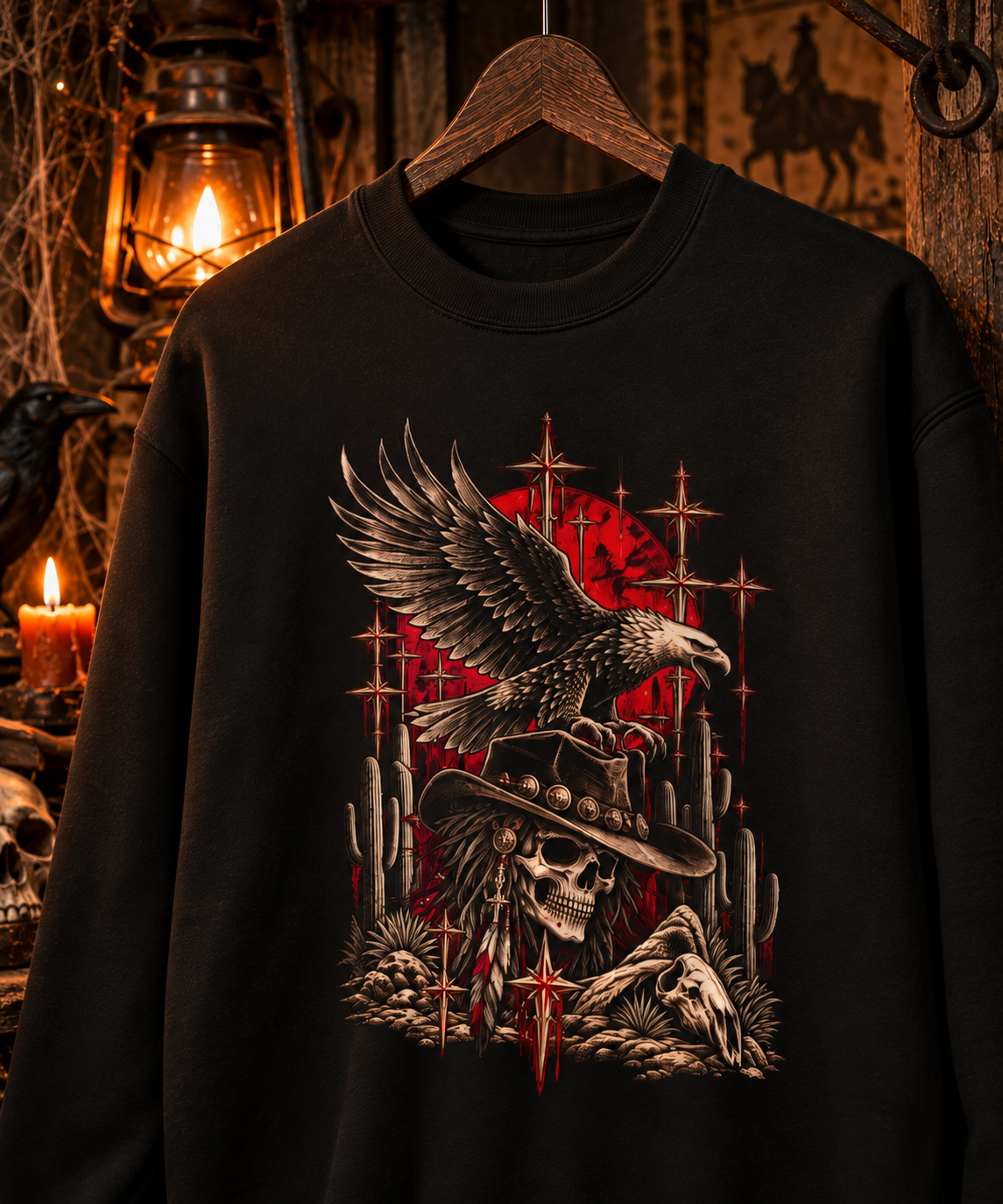 Gothic Western Eagle Skull Fleece Crewneck Sweatshirt | Desert Graphic
