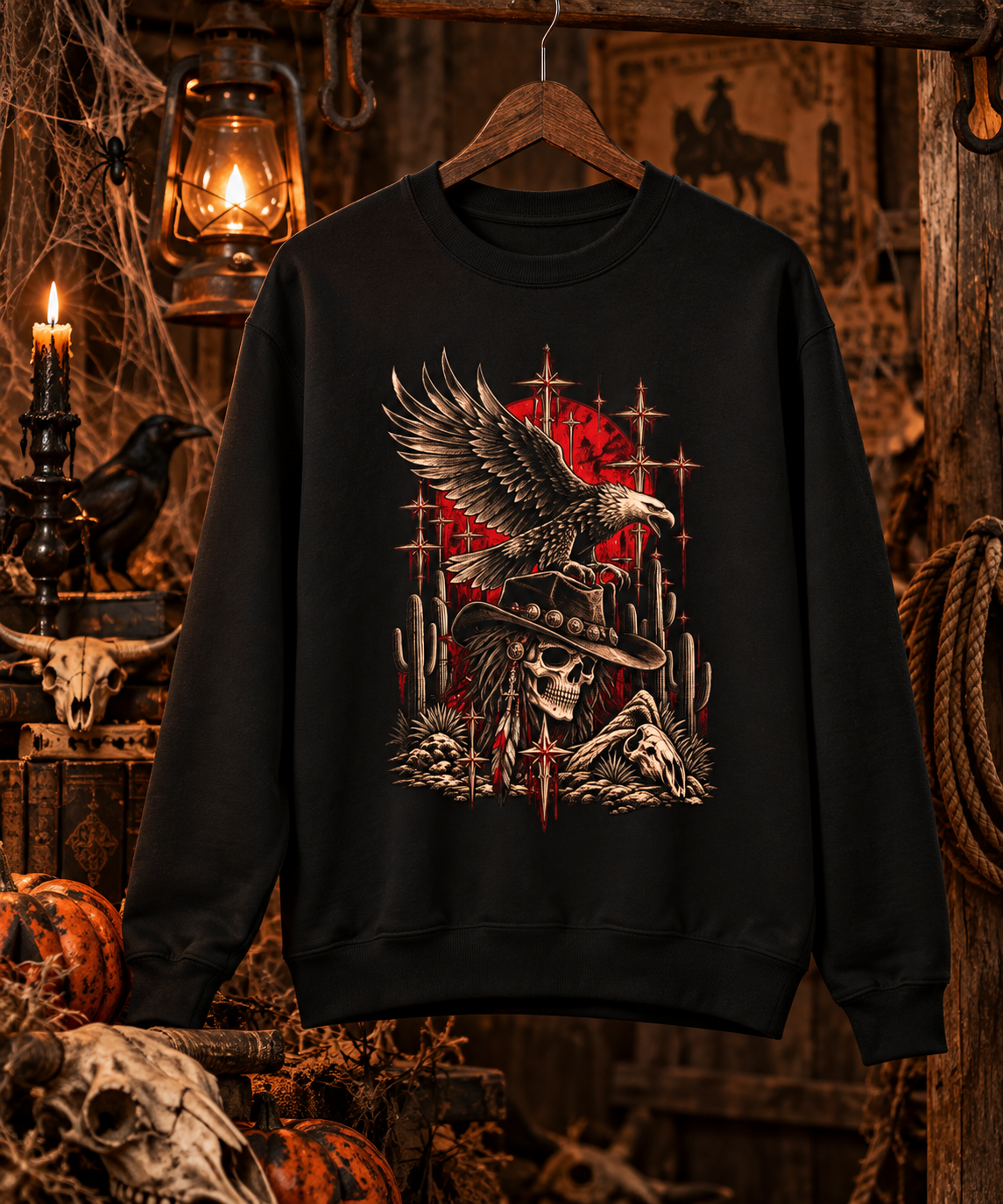 Gothic Western Eagle Skull Fleece Crewneck Sweatshirt | Desert Graphic