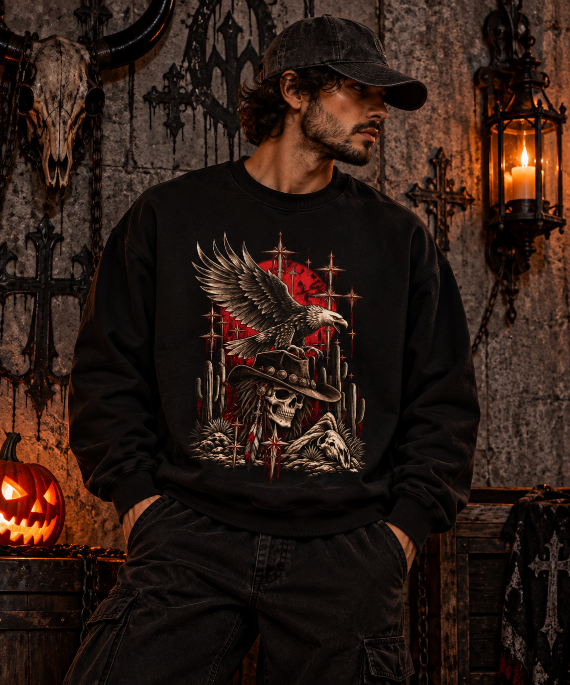 Gothic Western Eagle Skull Fleece Crewneck Sweatshirt | Desert Graphic