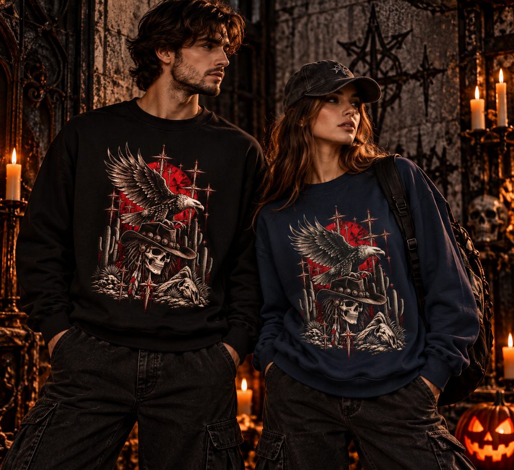 Gothic Western Eagle Skull Fleece Crewneck Sweatshirt | Desert Graphic