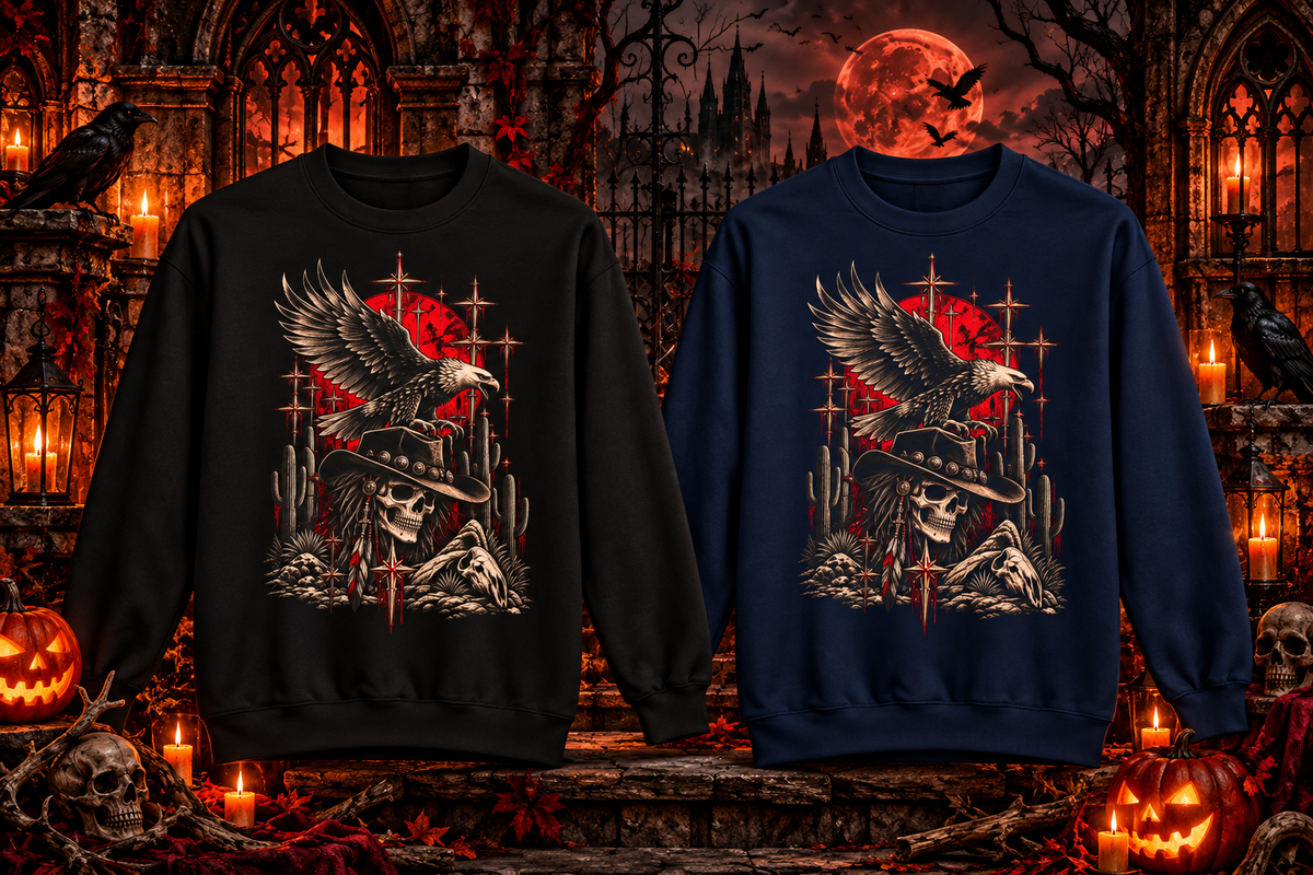 Gothic Western Eagle Skull Fleece Crewneck Sweatshirt | Desert Graphic