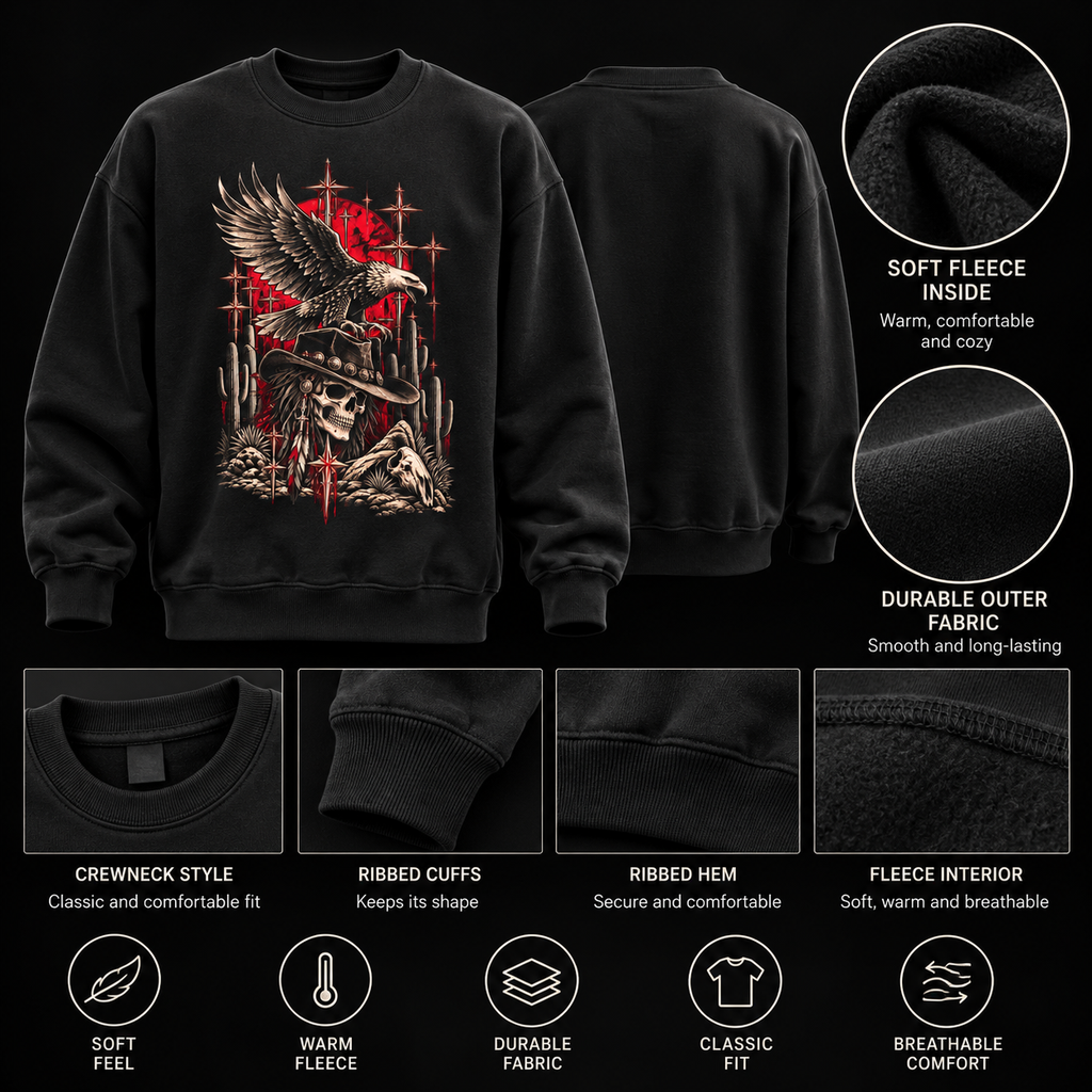 Gothic Western Eagle Skull Fleece Crewneck Sweatshirt | Desert Graphic