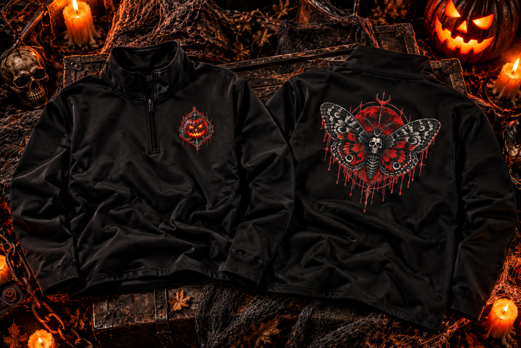 Gothic Skull Moth Quarter-Zip Pullover | Red Dripping Halloween Graphic