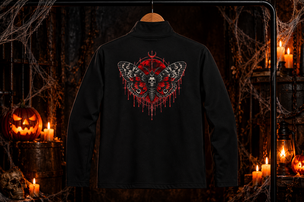 Gothic Skull Moth Quarter-Zip Pullover | Red Dripping Halloween Graphic